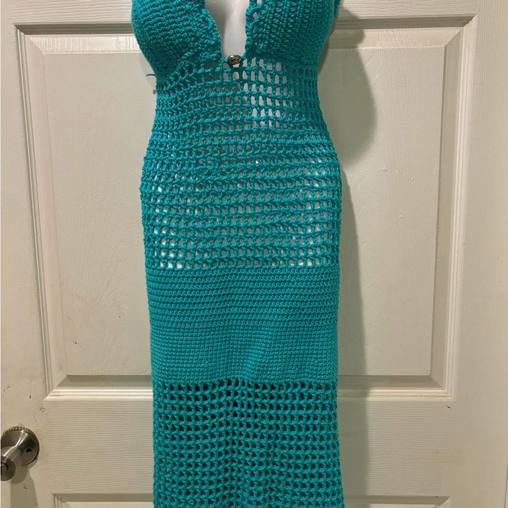 Elegant Teal Crochet Maxi Dress